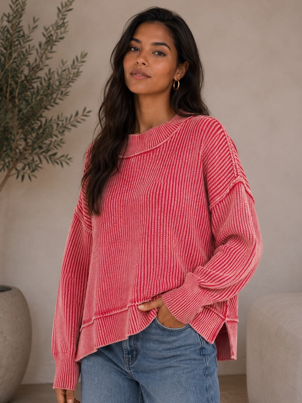 159. Women's Dark Red 100% Cotton Oversized Cropped Sweater